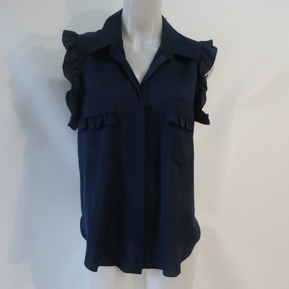 NWT Women Misa Los Angeles Navy Blue (Item- 126) Ruffled Sleeves Blouse Top M - Picture 1 of 10